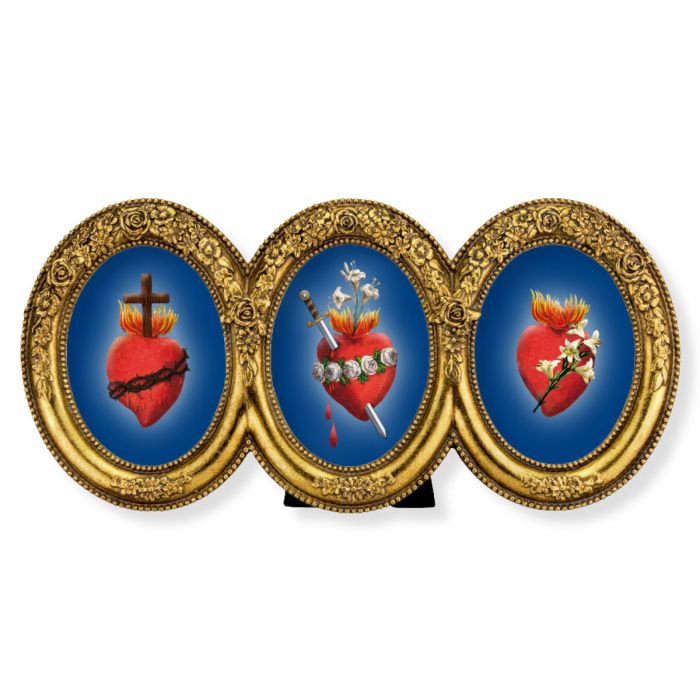 9" x 4 1/2" The Three Hearts in a Triple Oval Gold Leaf Frame with Flowered Decoration Under Glass.-P65 D1