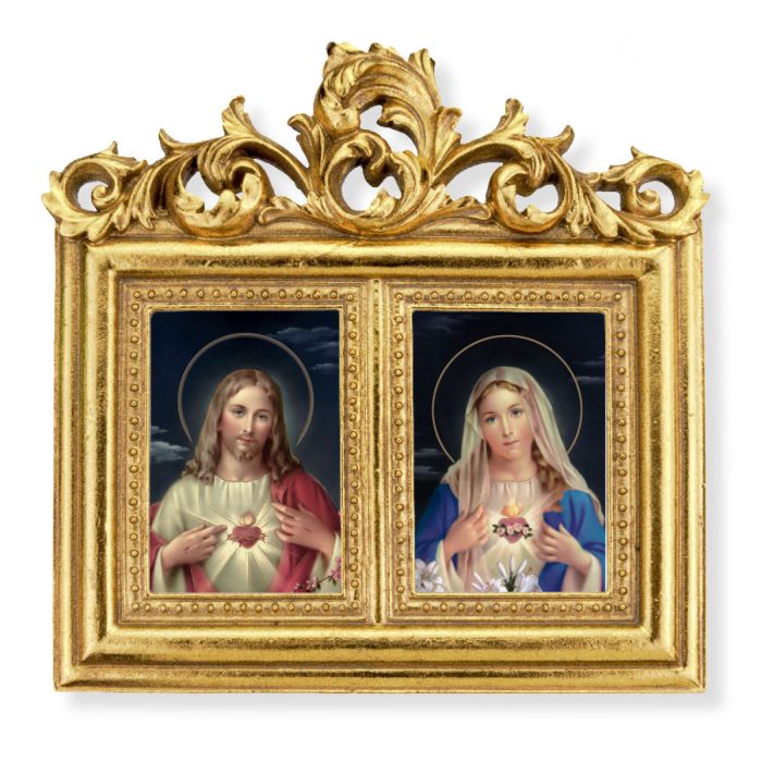 8"x7.5" Double Gold Leaf Frame with Acanthus Leaf Top. Under Glass. Easel Back with The Sacred Hearts Prints-P65