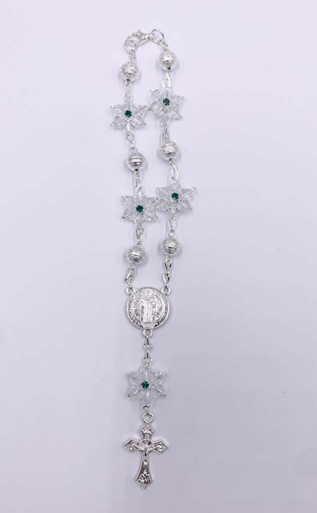 SILVER ONE-DECADE ROSARY WITH  CLEAR STARS