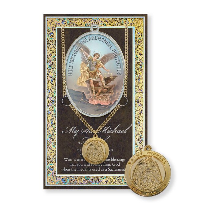 1" Round St. Michael Pewter Medal Gold Plated on a 24" Chain with Biography and Picture Folder