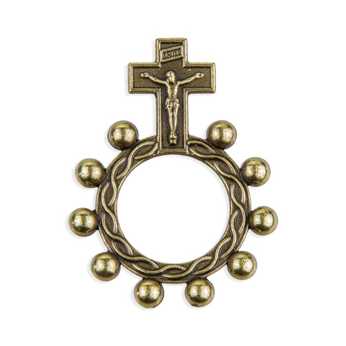 BRONZE TONE ROSARY RING WITH CRUCIFIX