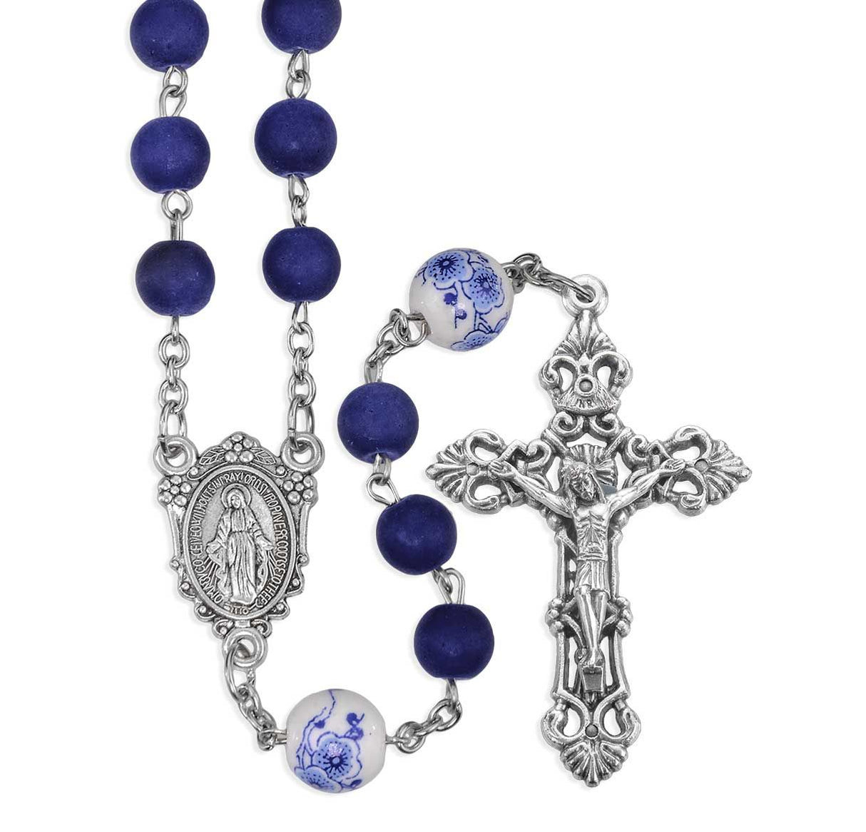 Frosted Blue Glass Beads Rosary with Ceramic Flowered Our Father Beads, O.L. of Grace Centerpiece and Crucifix