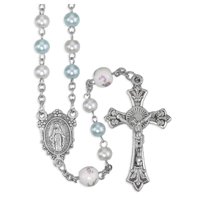 6mm Glass Blue Pearl Rosary with Ceramic Flowered Our Father Beads, O.L. of Grace Centerpiece and Crucifix