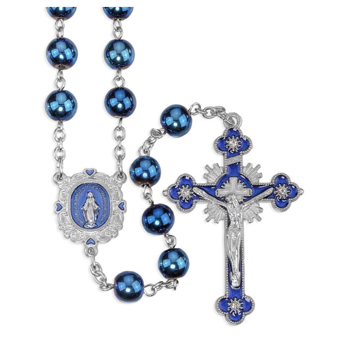 Natural Hematite Stone Rosary with Blue Epoxied Centerpiece and Blue Epoxied Crucifix