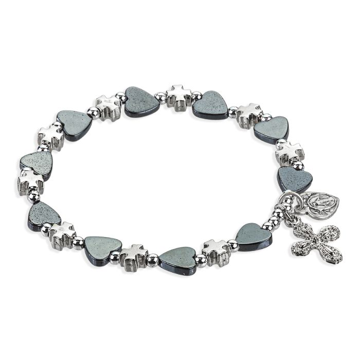 Hematite Heart Shaped Blessed Beads Bracelet with Miraculous Medal