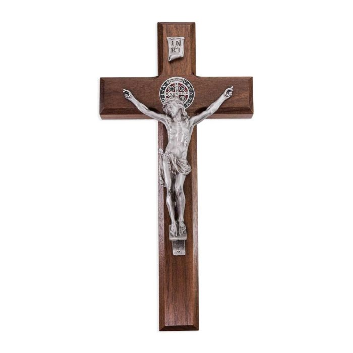 10" St. Benedict Solid Walnut Crucifix Made with Genuine Pewter Corpus & Medal (with Red and Black Epoxy). Made in U.S.A and Boxed