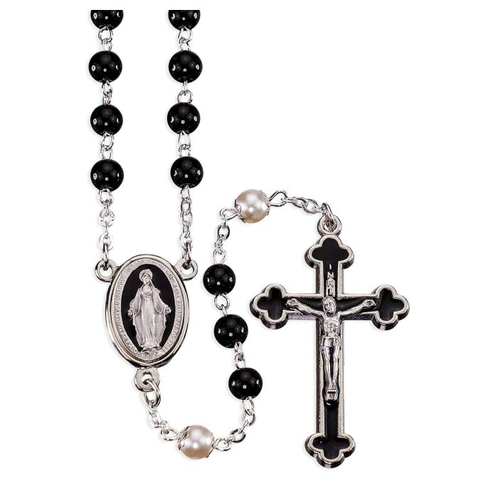 6mm Black Round Glass Bead Rosary With Capped Pearl Pater Beads Silver Crucifix and Oval Miraculous