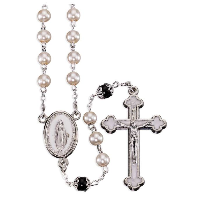 6mm Glass Pearl Bead Rosary with Capped Pater Beads Silver Crucifix and Oval Miraculous Centerpiece