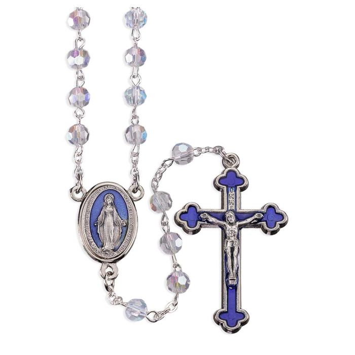 6mm Aurora Crystal Tin Cut Bead Rosary with Oval Miraculous Centerpiece and Silver Crucifix with Blue Epoxy