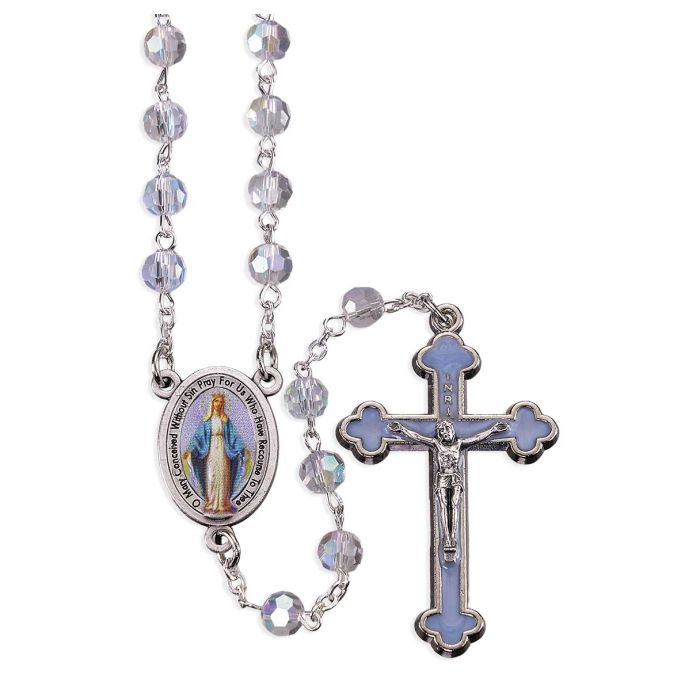 6mm Aurora Crystal Tin Cut Bead Rosary with Oval Colored Miraculous Centerpiece and Silver Crucifix with Light Blue Epoxy