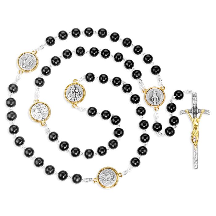 7mm Round Black Wood Beads Rosary with 15mm Silver and Gold Our Father Medals
