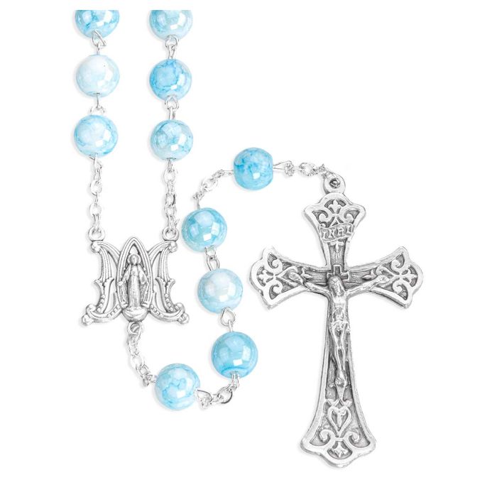 8mm Aqua Marbleized Glass Bead Rosary