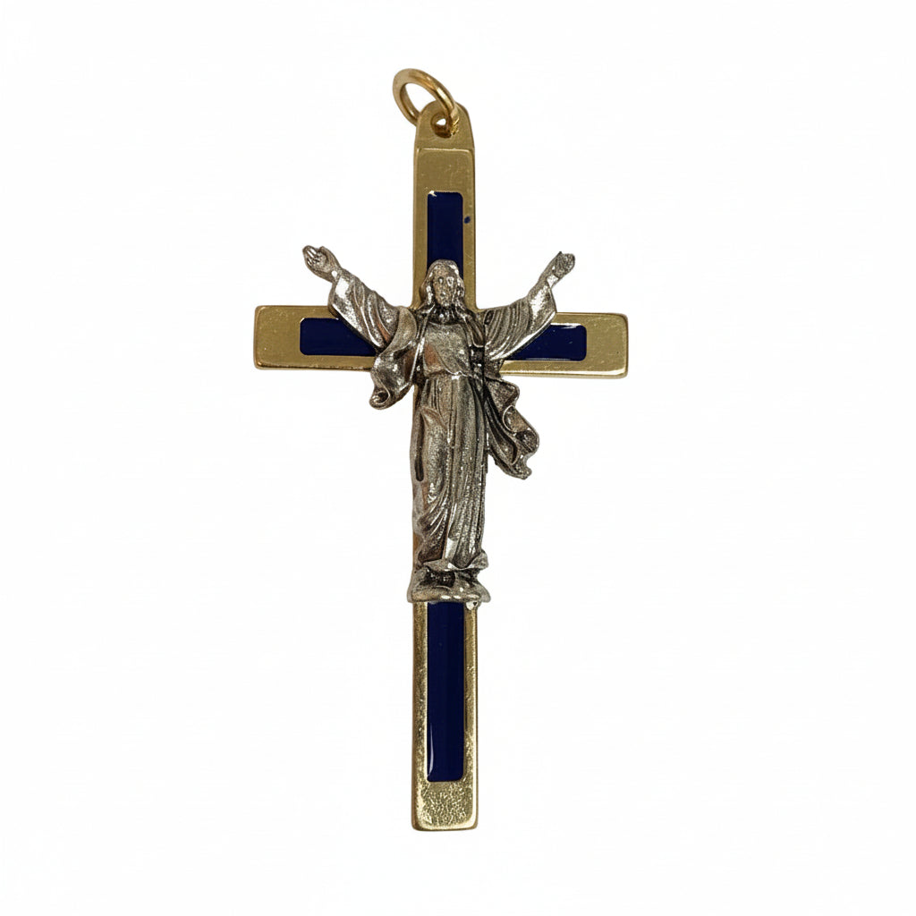 3" GOLD AND BLUE ENAMEL CRUCIFIX