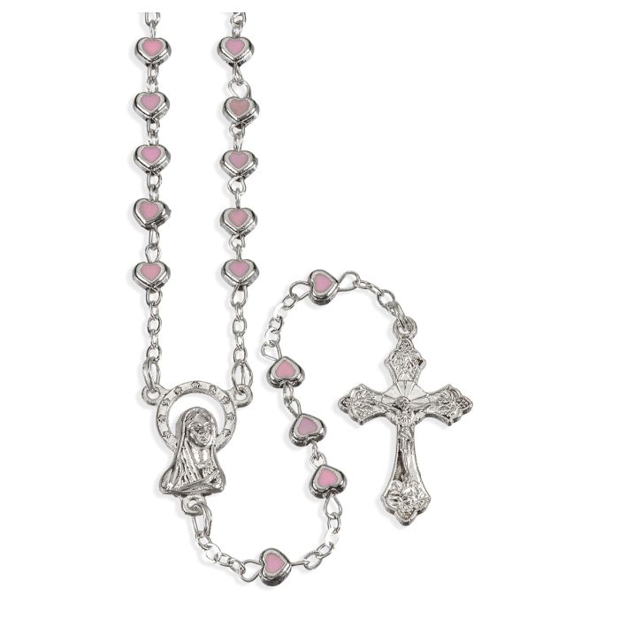 4mm Pink Epoxied Heart Shaped Bead Rosary with Oxidized Center and Crucifix