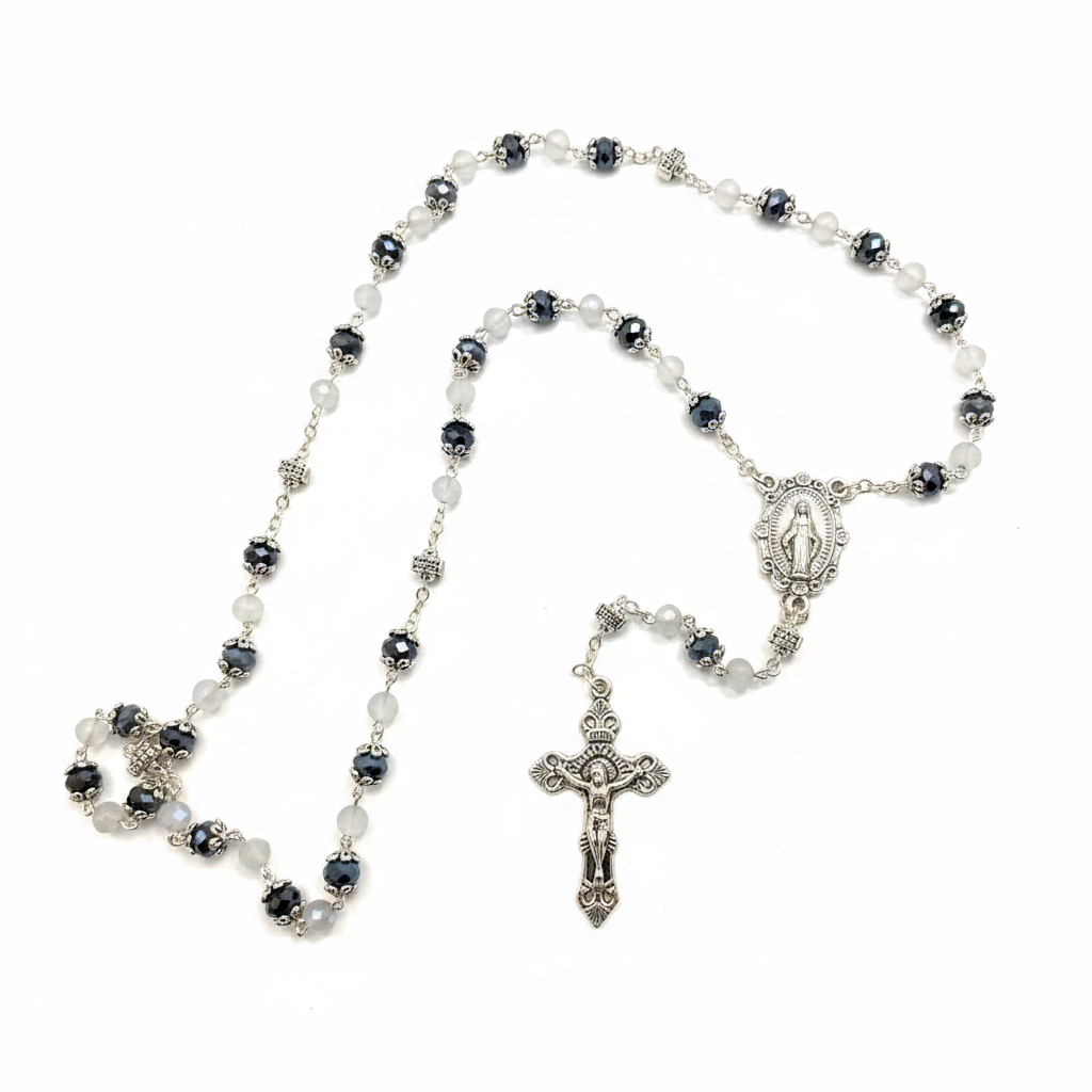 HEMATITE CRYSTAL BEDS ROSARY WITH MIRACULOUS MEDAL CENTER