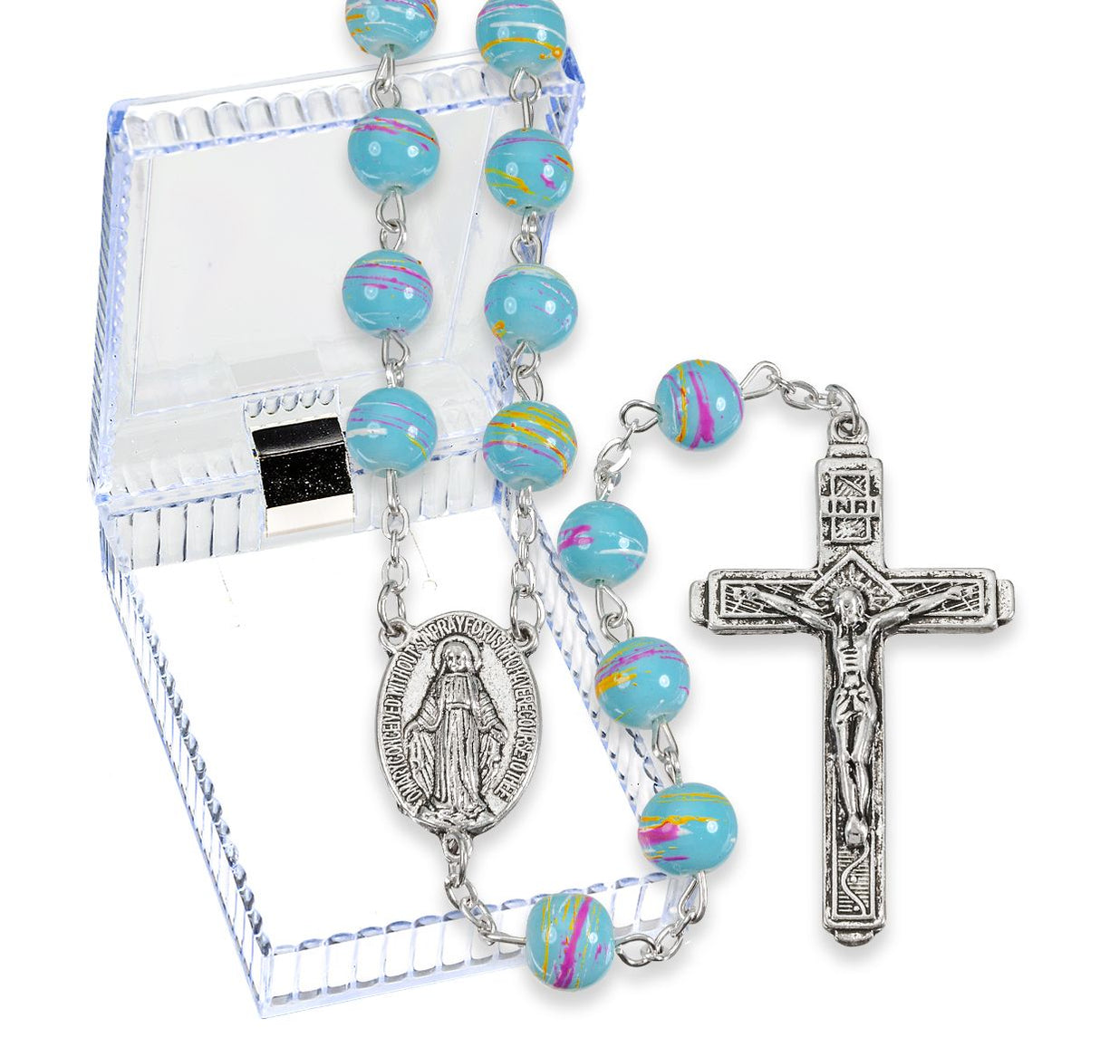 AQUA COLORED SWIRL GLASS BEAD ROSARY BOXED