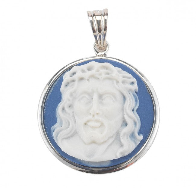 Genuine Cameo 1-1/16" Round Blue Head of Christ with Sterling Silver Rim on a 20" Ch-Bxd