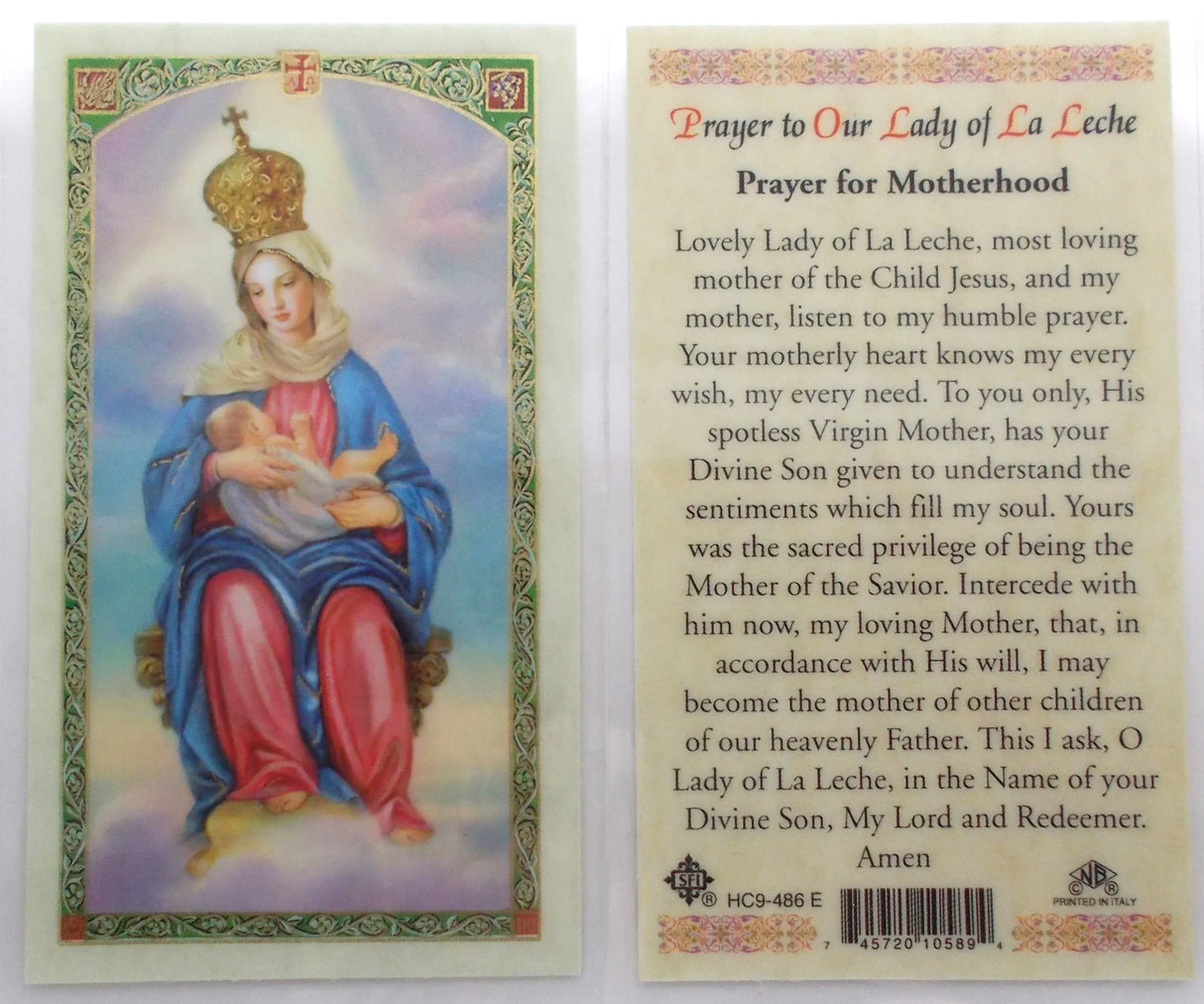 Laminated - Our Lady of La Leche - Prayer for Motherhood –