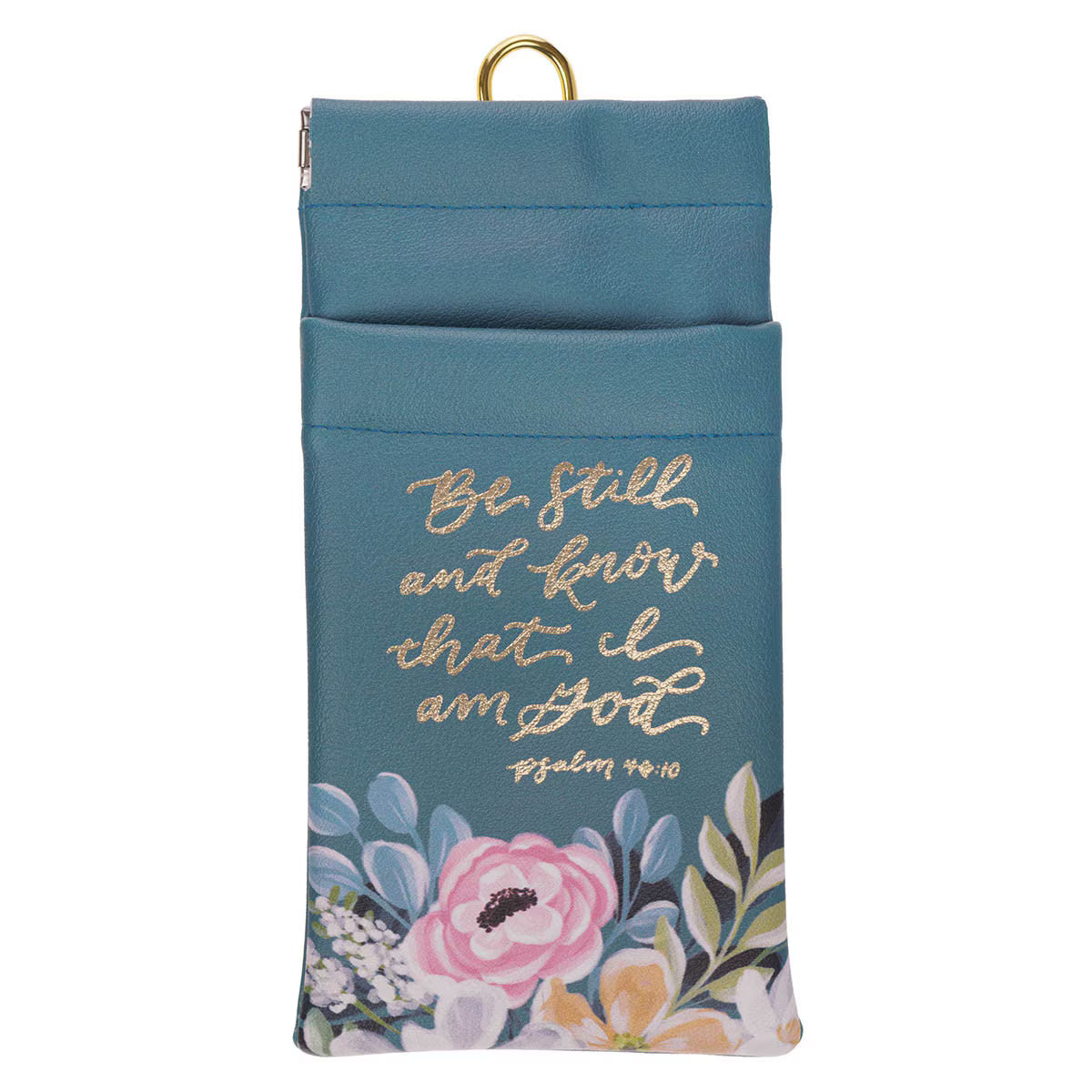 Be Still Teal Floral Faux Leather Double Eyeglass Case - Psalm 46:10
