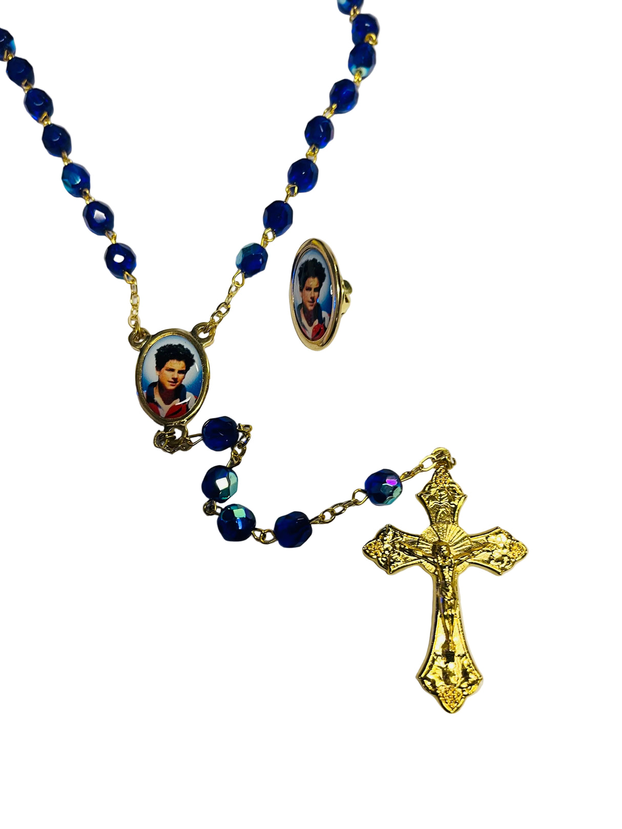 gold rosary blue 7MM CRYSTAL BEADS CARLOS ACUTI & PIN