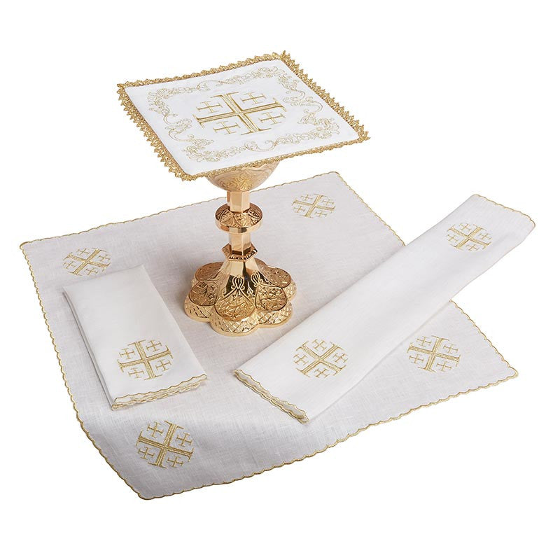 Embroidered Jerusalem Cross Lace Trim Altar Linen Gift Set