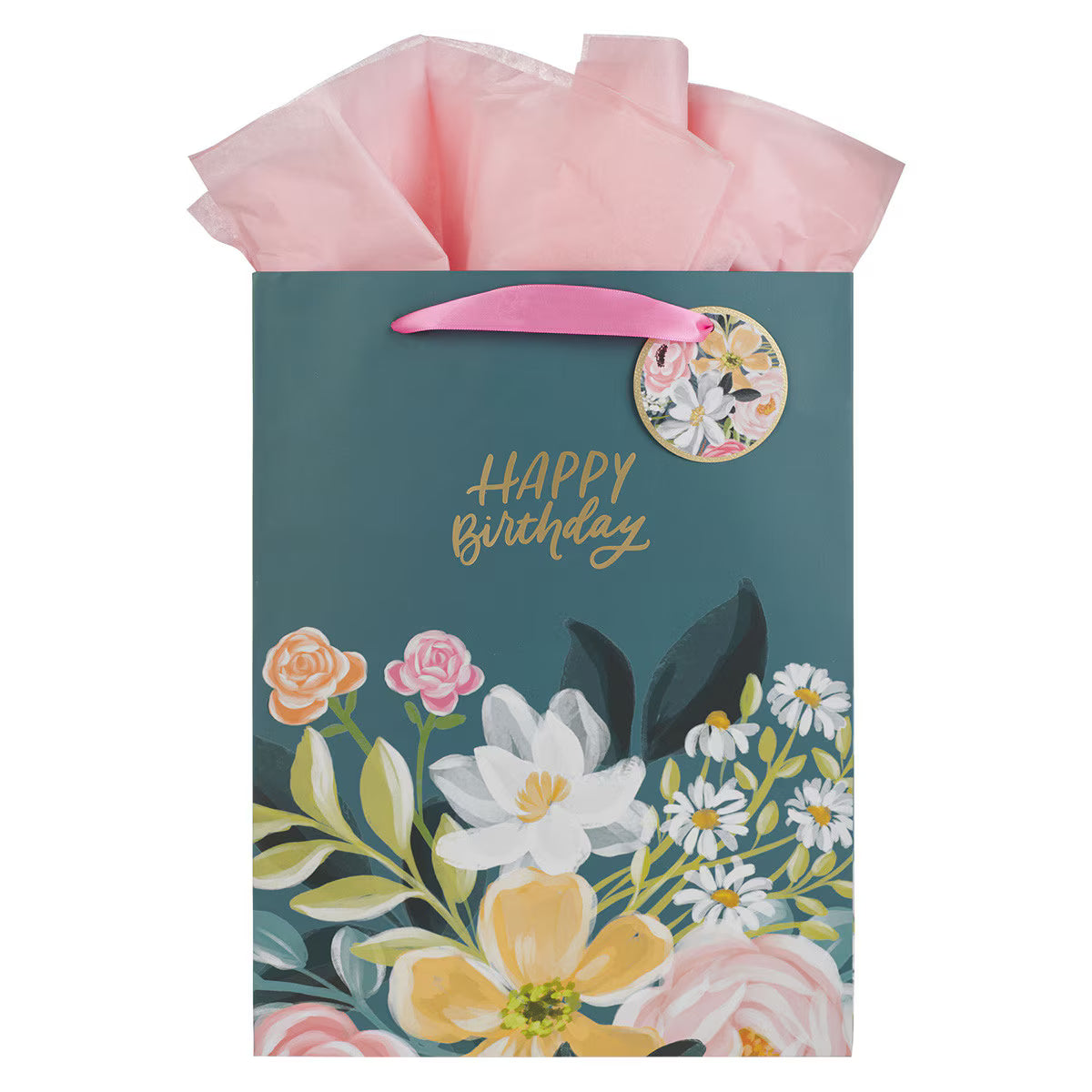 Happy Birthday Teal Floral Large Portrait Gift Bag