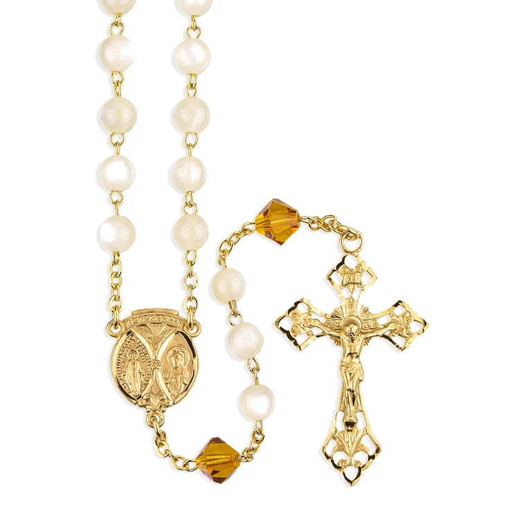 6mm Mother of Pearl and 8mm Austrian Crystal O.F. Bead Gold Plated Rosary W/ Gold over Sterling Crucifix & Center