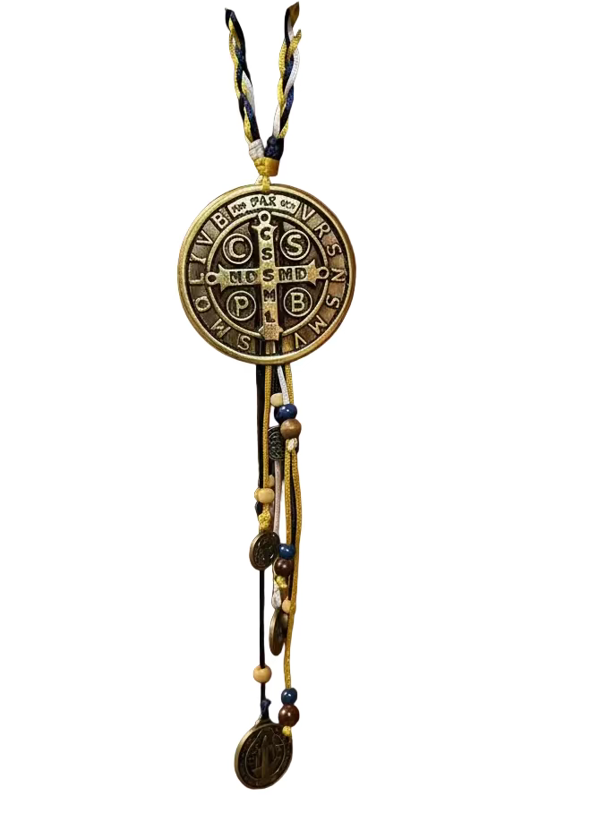 ST. BENEDICT GOLD HOME BLESSING WITH COLORFUL STRING AND WOOD BEADS