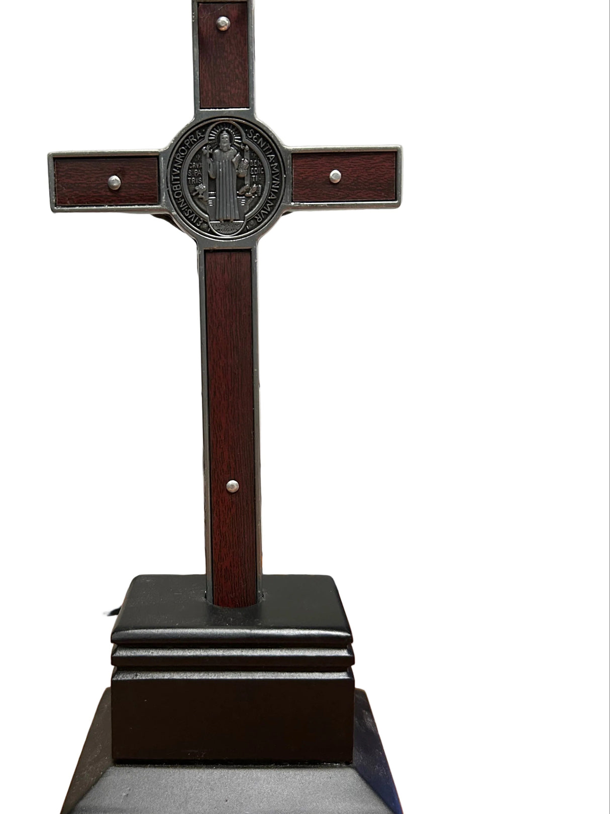 St. Benedict Crucifix Wooden Table Cross With Base 9"  -C2