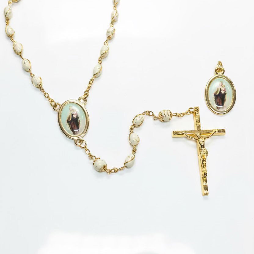 WHITE ROSARY OF OUR LADY OF CARMEL WITH MEDAL