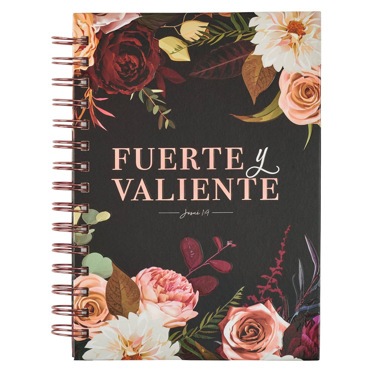 Diario guinda grande anillado de alambre con ramo «Fuerte y valiente» - Josué 1:9