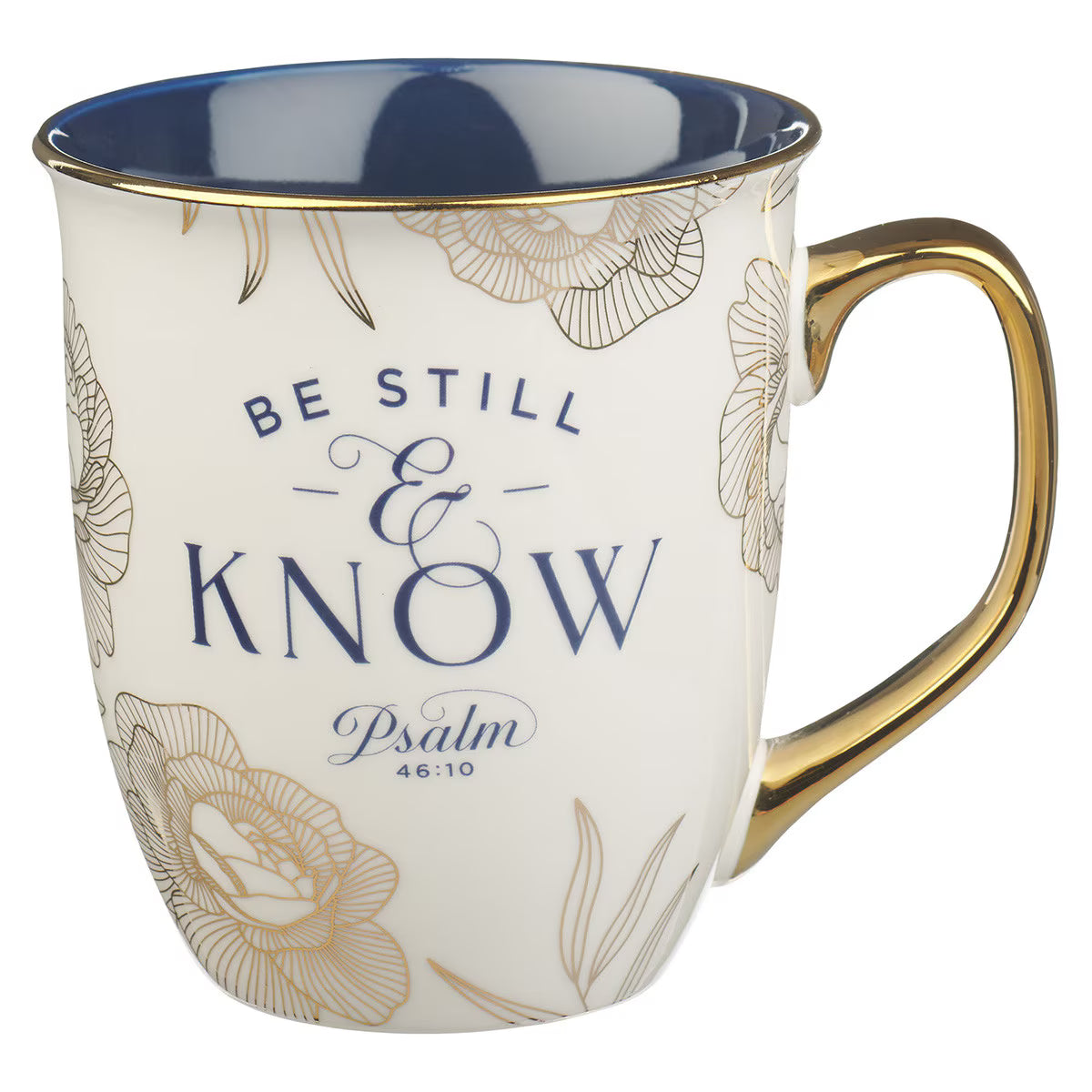 Be Still and Know Blue and Gold Floral Ceramic Mug - Psalm 46:10