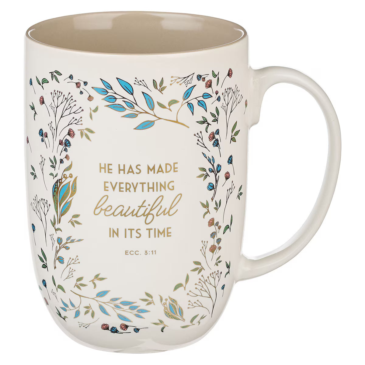 Everything Beautiful Cream Floral Ceramic Coffee Mug - Ecclesiastes 3:11
