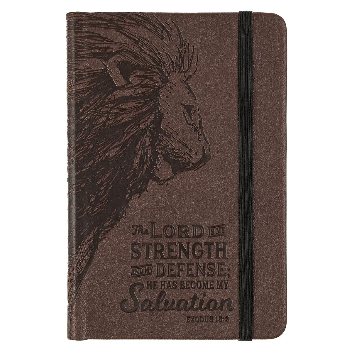 Strength and Defense Lion Walnut-Brown Faux Leather Hardcover Notebook with Elastic Band Closure - Exodus 15:2