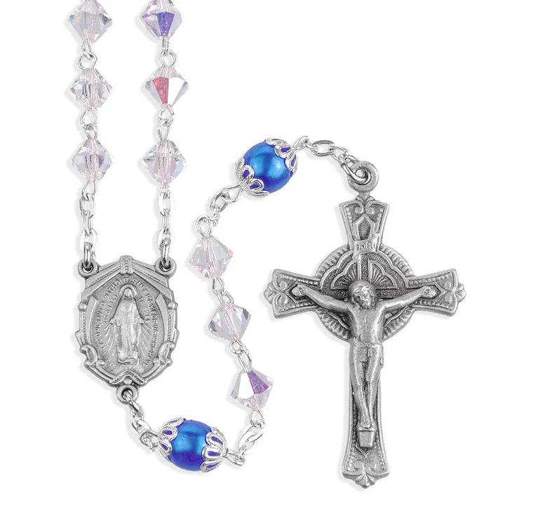 6mm Czech Crystal Bicone Beads W/ Capped Round Blue O.F Beads & Pewter Center & Crucifix
