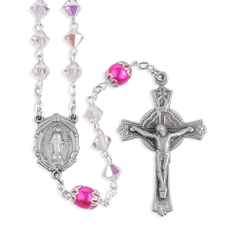6mm Czech Crystal Bicone Beads W/ Capped Round Rose O.F Beads & Pewter Center & Crucifix