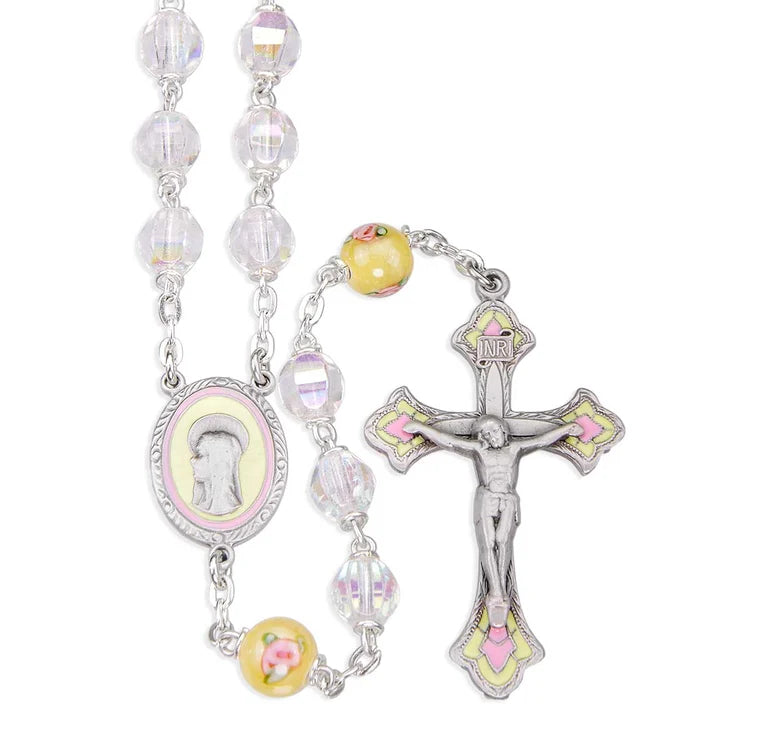 7mm Czech Crystal Aurora Bead Rosary with Yellow flower Glass O.F. Beads & Genuine Pewter Ctr & Cfx