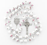 10mm White/Pink glass flower bead New England pewter rosary with center and crucifx (212/141)-Bxd
