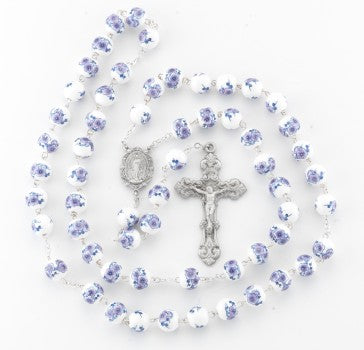 0mm White/Violet glass flower bead New England pewter rosary with center and crucifix (95/157)-Bxd