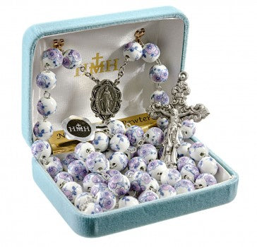 0mm White/Violet glass flower bead New England pewter rosary with center and crucifix (95/157)-Bxd