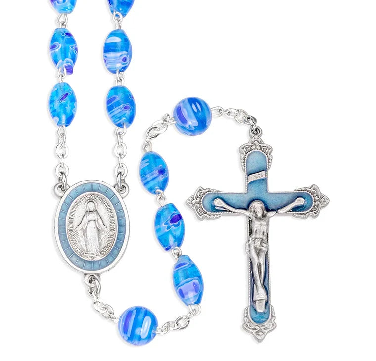Oval Blue & Aqua Venetian Glass Bead Rosary W/ Pewter Ctr & Pewter Epoxy Crucifix