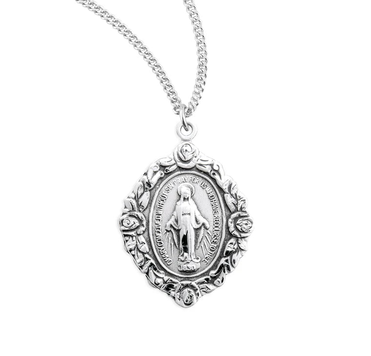 18" Sterling Silver Miraculous Medal WITH ROSES