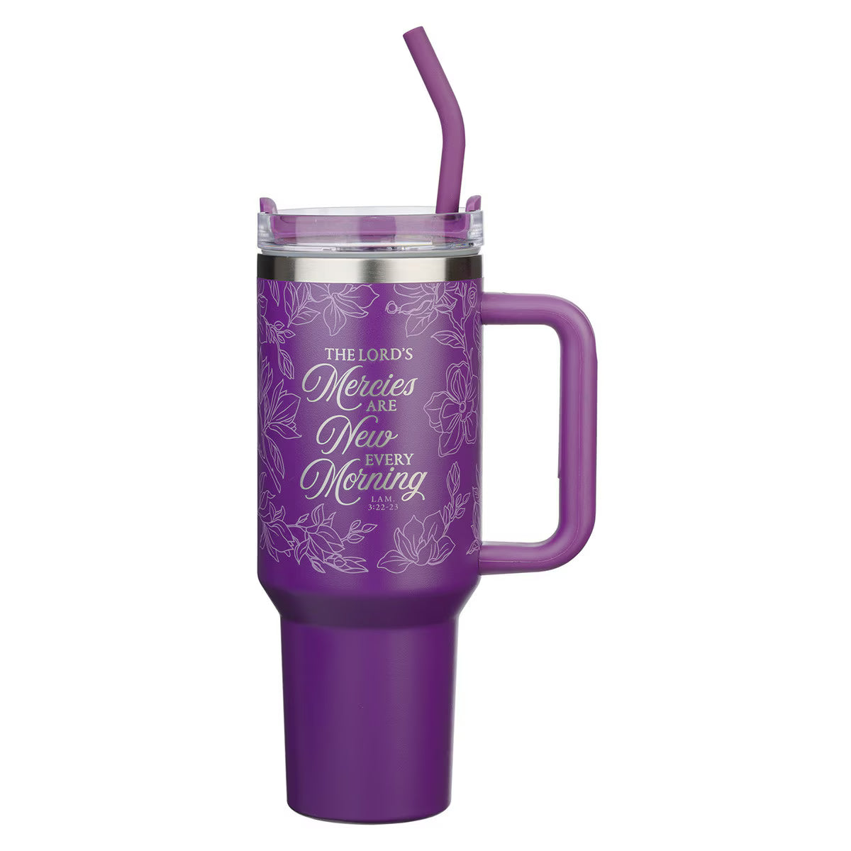 New Mercies Purple Floral 40 oz Stainless Steel Tumbler with Straw - Lamentations 3:22-23 L-2