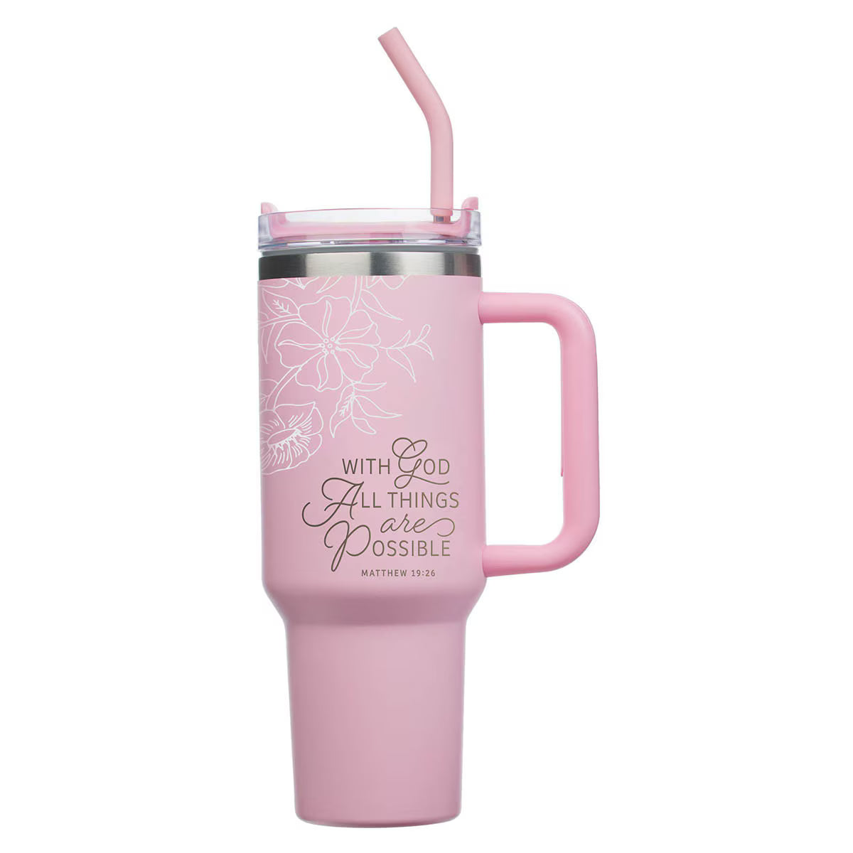 Things Are Possible Pink Poppy Stainless Steel Tumbler with Straw - Matthew 19:26 L-1R