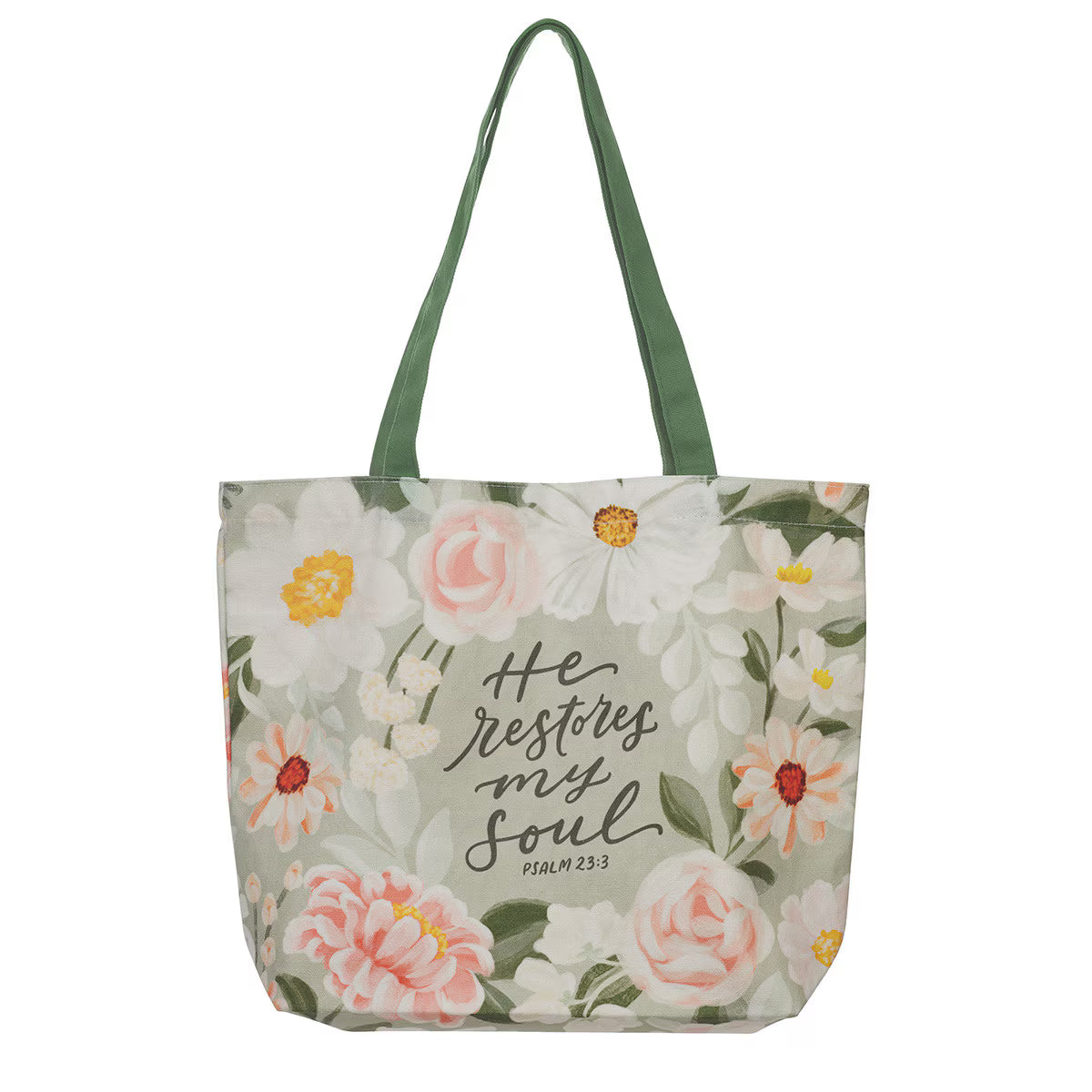 He Restores My Soul Green Floral Garden Tote Bag - Psalm 23:3