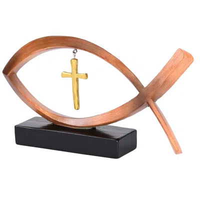 BROWN FISH WITH A CROSS FIGURINE TABLE TOP E-3R