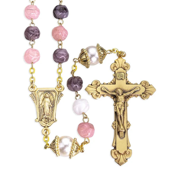 Pink & Violet 8mm Glass Bead Rosary with Solid Brass Center & Crucifix