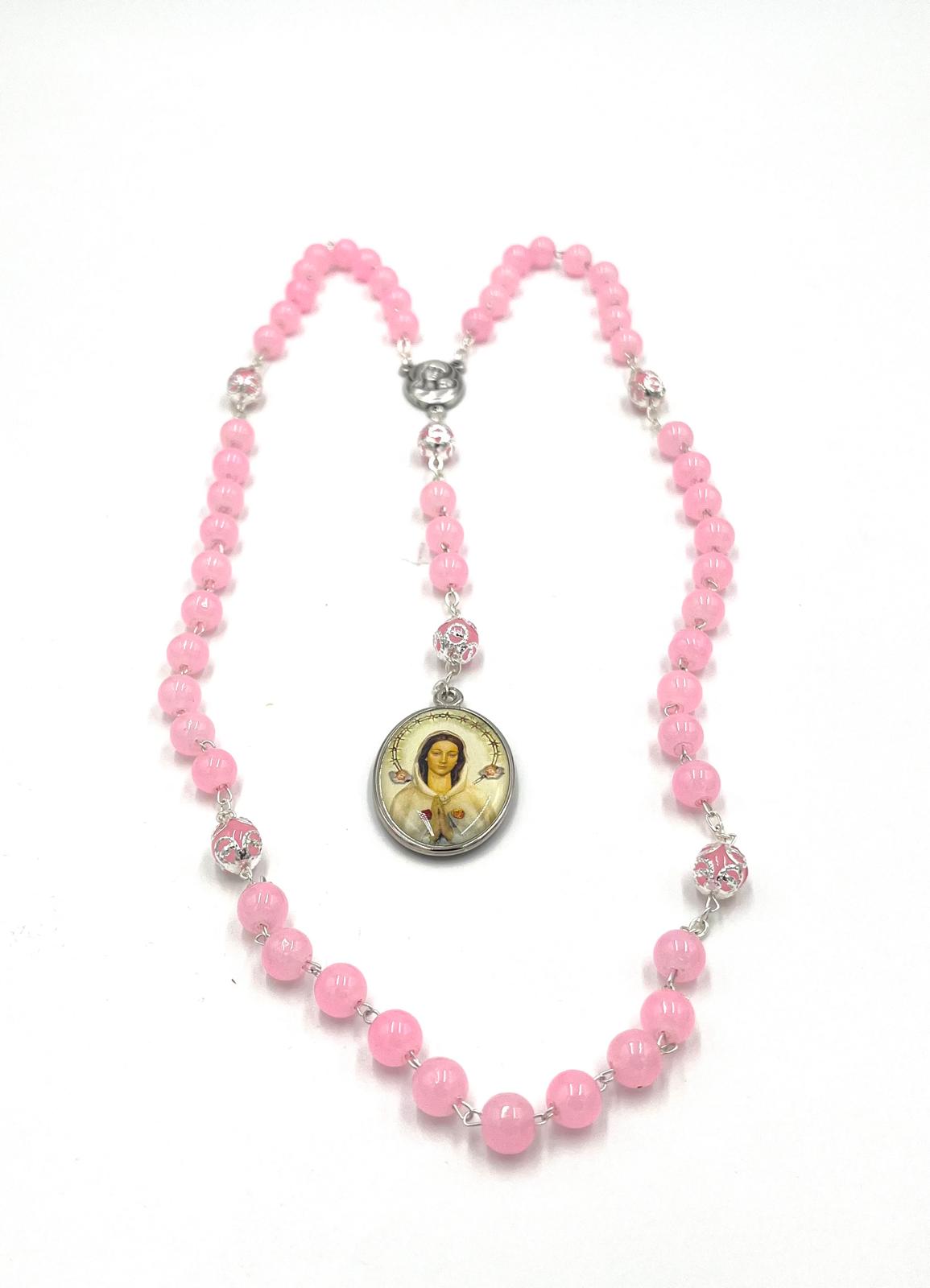 PINK GLASS BEAD ROSARY W/ROSA MISTICA RESIN 19"