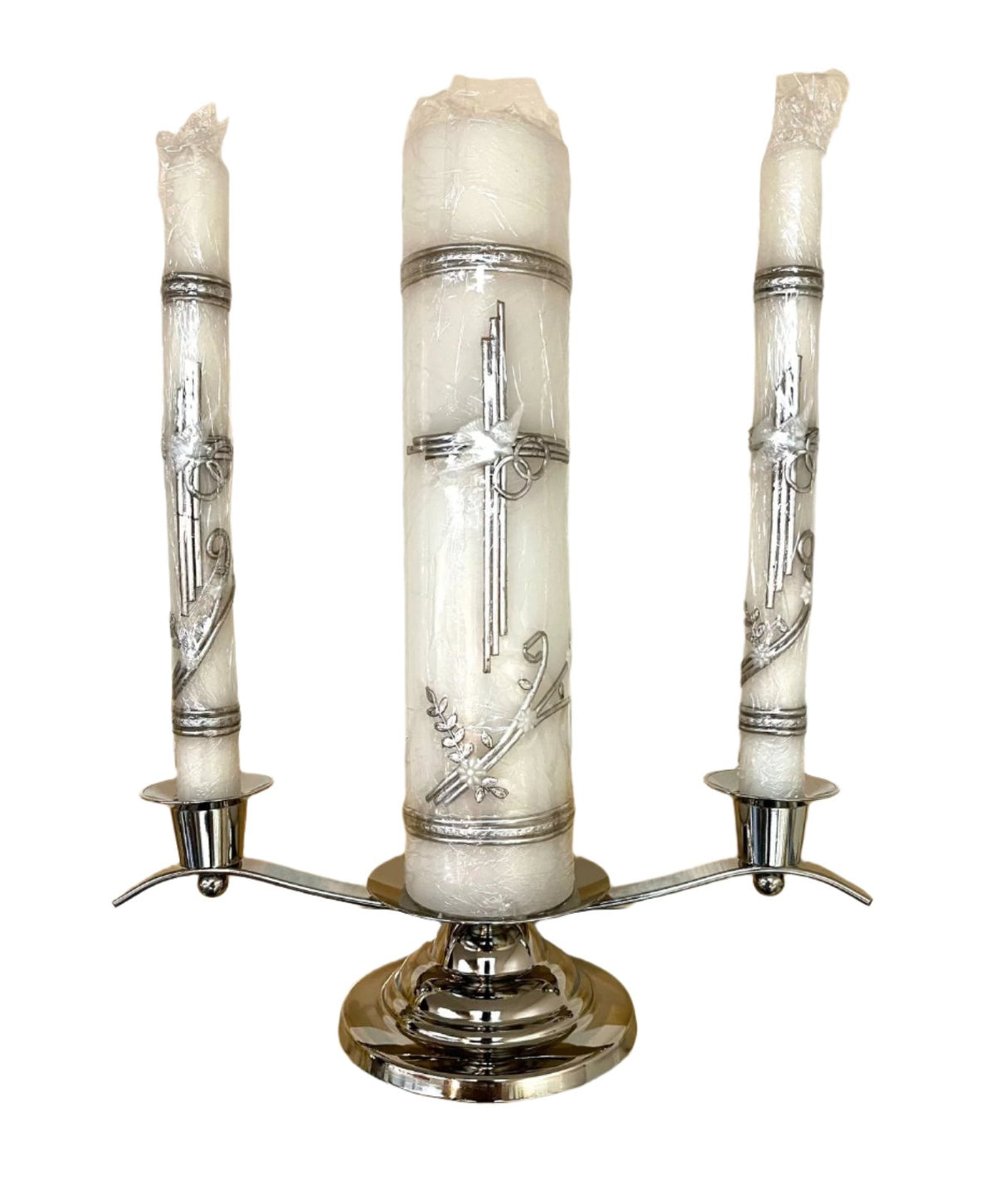 WEDDING 3 CANDLE SET BRASS SILVER BASE