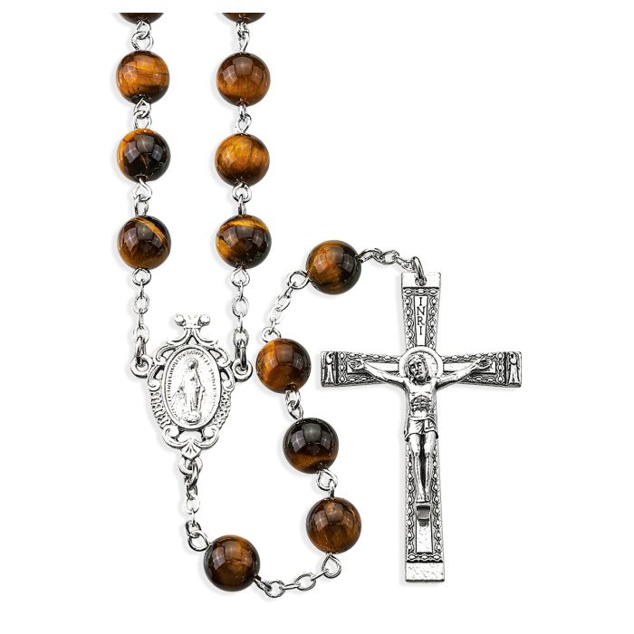GENUINE TIGER EYE STONE BEAD ROSARY, BOXED
